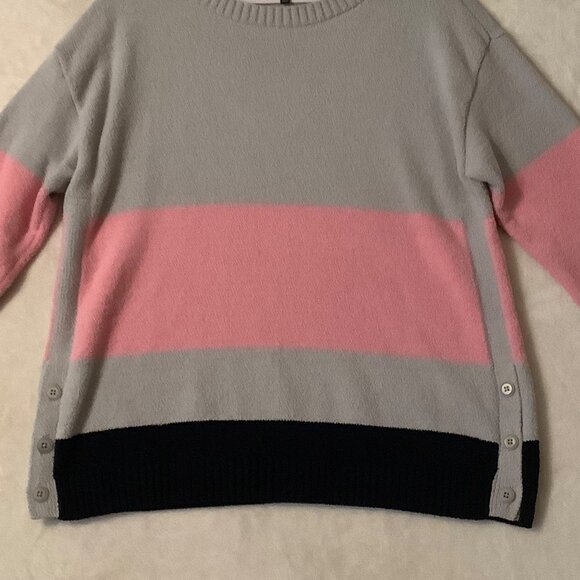 Talbots Womens XL Striped Sweater Pink Gray With Black Hem Soft Button Detail - Picture 2 of 7